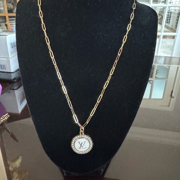 Louis Vuitton Rhinestone/White Pendant 18” Stainless Steel Gold Plated Necklace - Picture 3 of 7